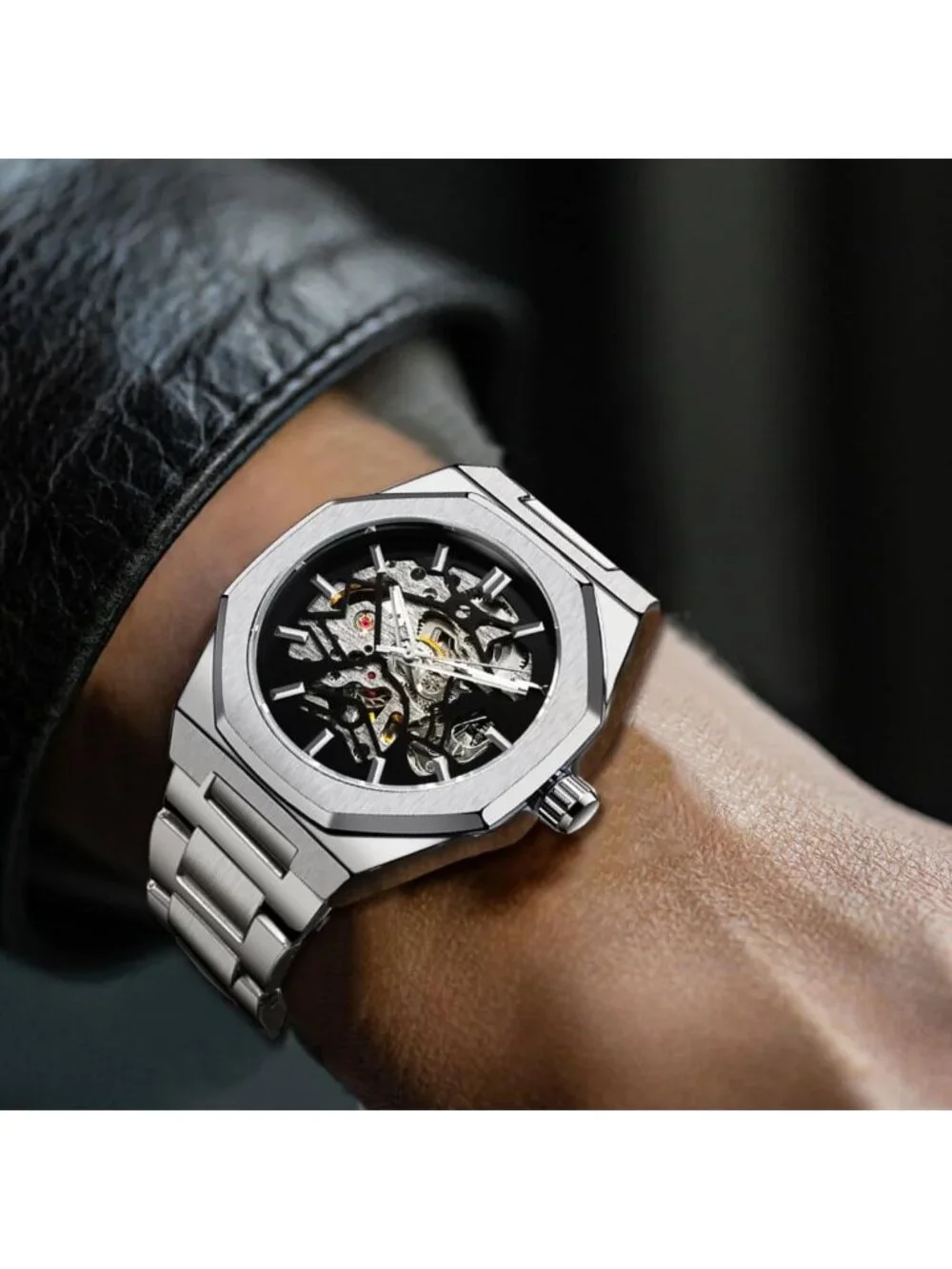 Men's Silver Black Automatic Mechanical Limited Luxury Carved Dial Wrist Watch